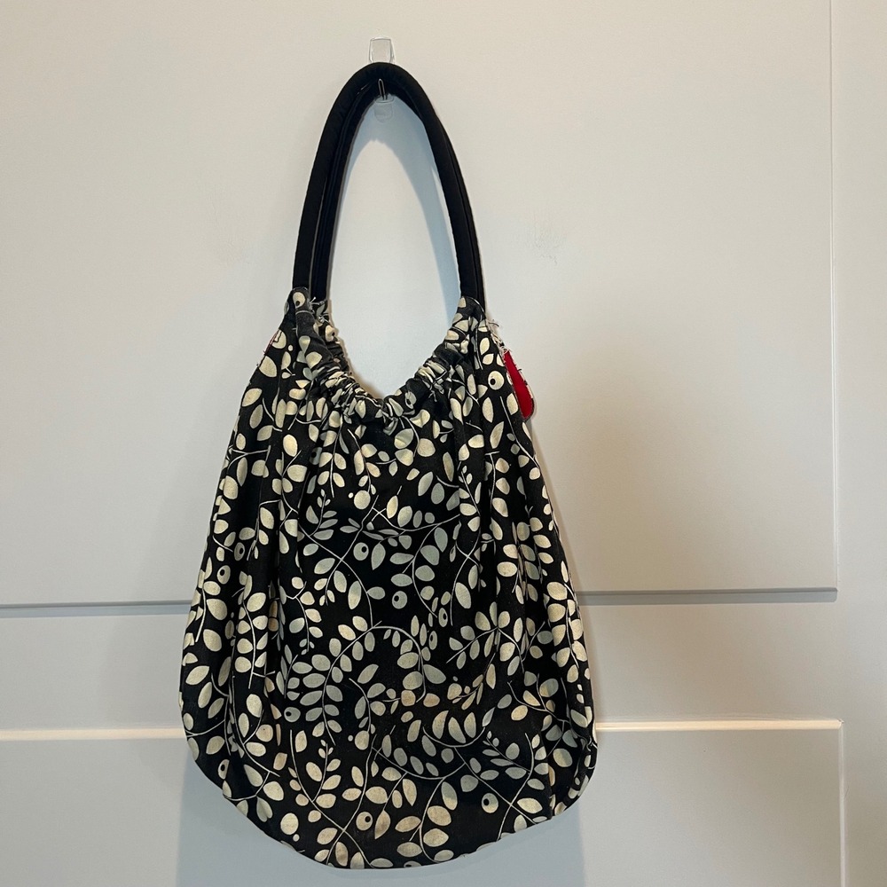 Black & Cream Leaf Print Hobo Bag Purse‎ Drawstring Closure Red Lining Boho